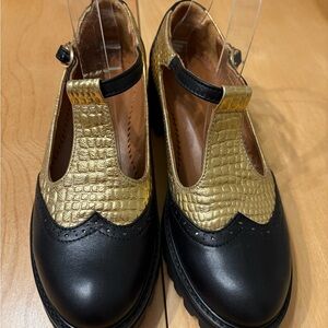Julia Bo Metallica Gold & Black Leather Mary Janes.  Size 7